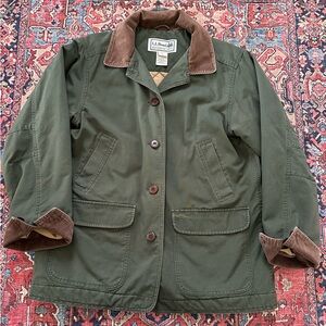 Vintage L.L. Bean Green Chore Coat with Corduroy Trim size L, thinsulate lining
